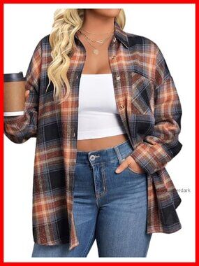 Plus Size Flannel Shirt Long Sleeve Button Down Plaid Top